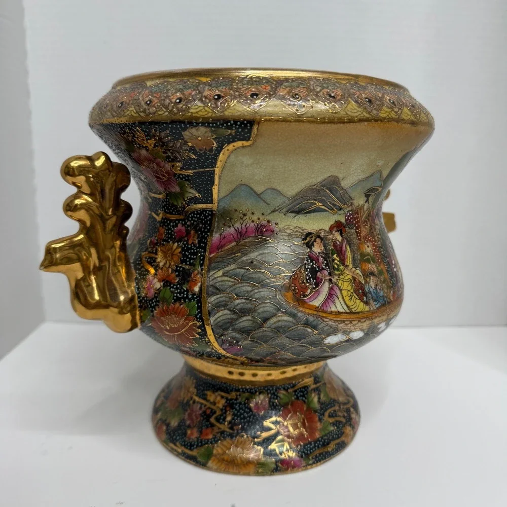Vintage Japanese Satsuma Moriage Urn Vase Geisha Boat Scene Gold Gilt 7in
